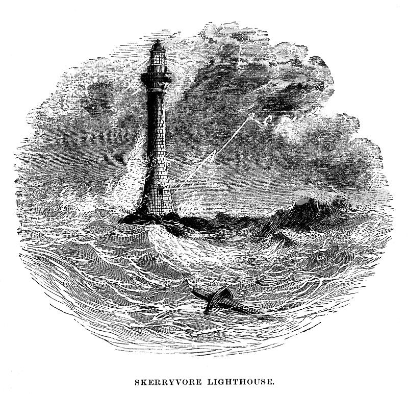 来自W H达文波特亚当斯的灯塔和灯光船的维多利亚灯塔插图;苏格兰内赫布里底群岛，19世纪的“Skerryvore灯塔”版画;1870